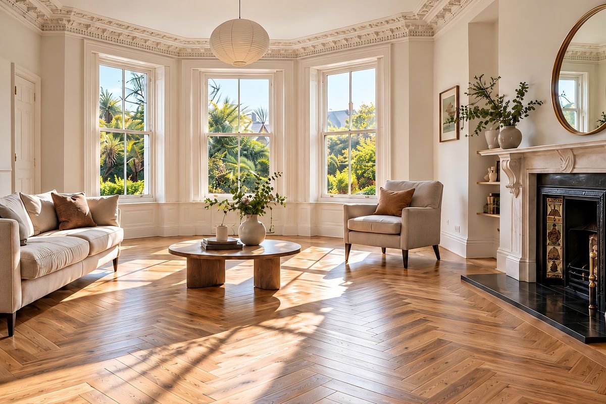 Sunlit period living room with a sanded and finished herringbone wood floor