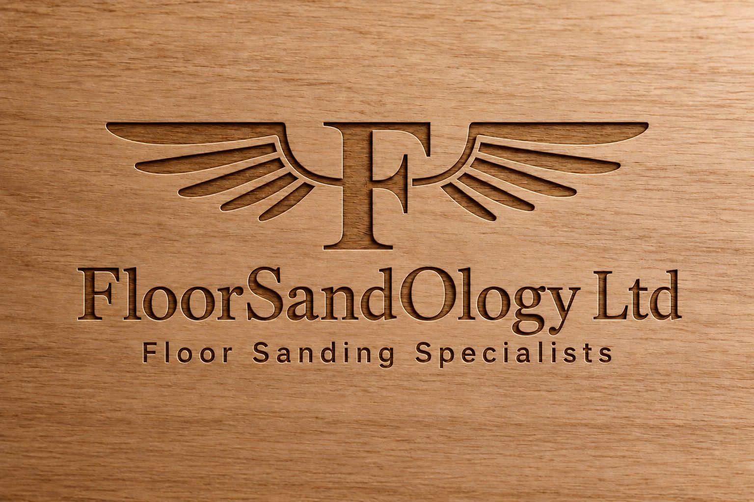 FloorSandOlogy Ltd, Floor Sanding Specialists, logo carved into oak