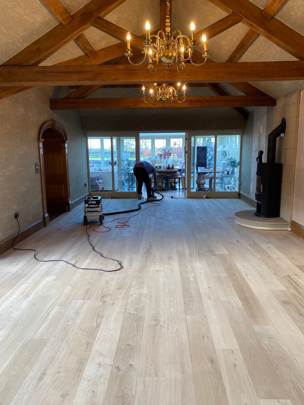 Oak floor mid-sanding, living room