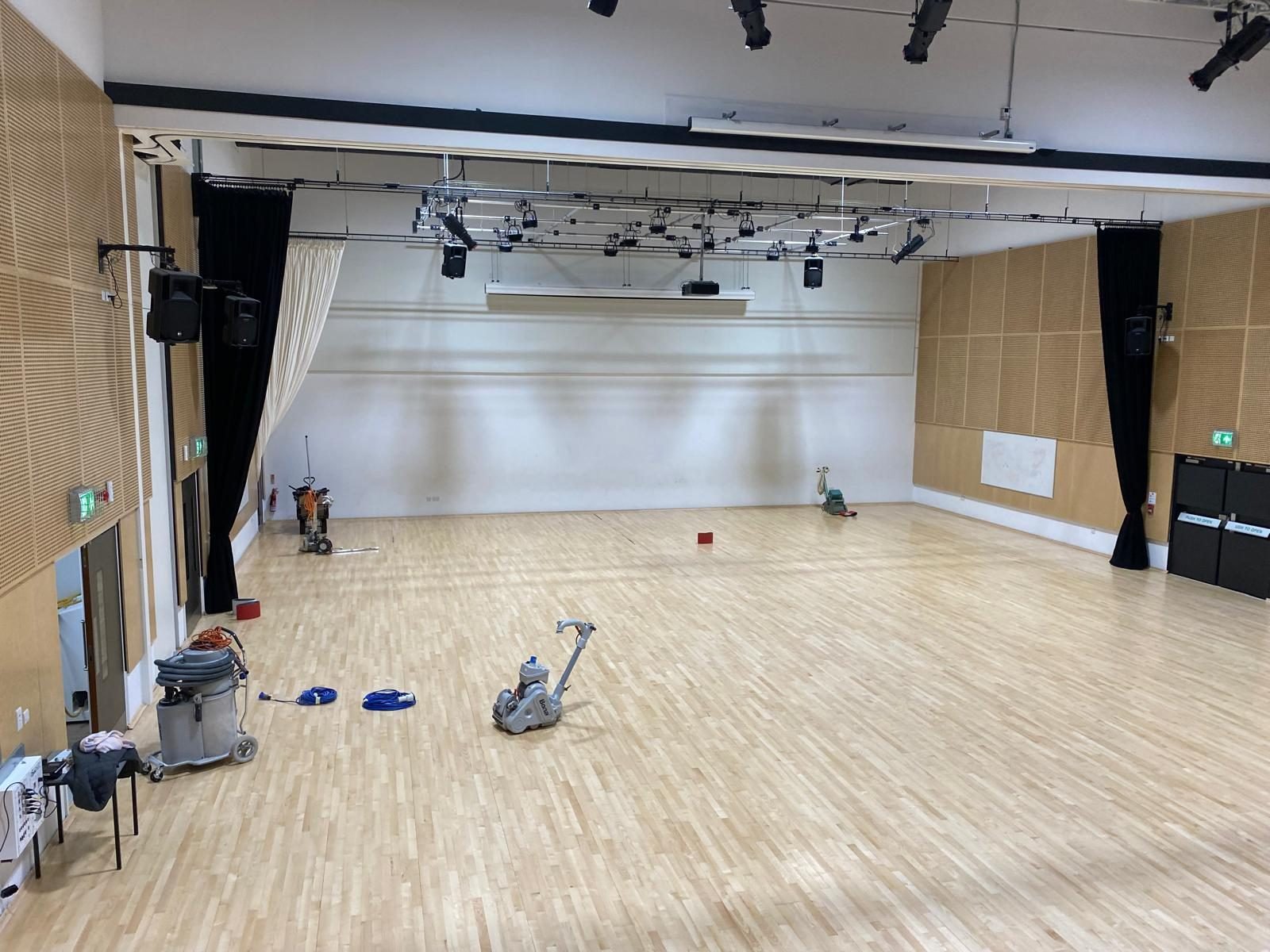 Studio hall, mid-sanding
